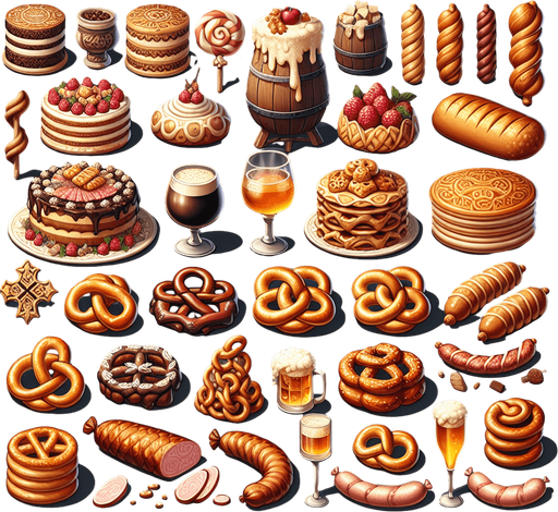 A spritesheet full of different delicious medieval cakes, snacks, pretzels, sausages, hams, and beverages..
Single Game Texture. In-Game asset. 2d. Blank background. High contrast. No shadows.