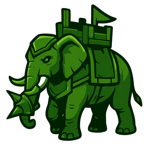 Green war elephant.
In-Game asset.  2d.  High contrast.  No shadows