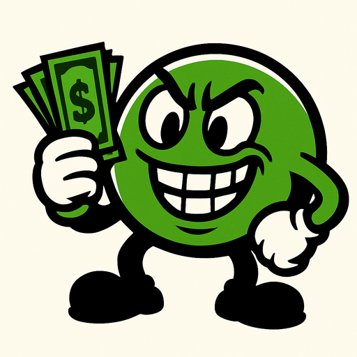 A rich, greedy green ball has a wad of cash in his hand.
In-Game asset.  High contrast.  No shadows