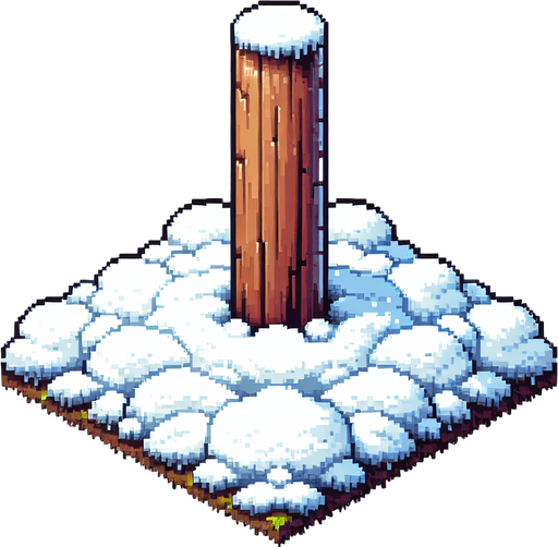 pixel art of a wooden pole with snow at it's base.
Single Game Texture. In-Game asset. 2d. Blank background. High contrast. No shadows.