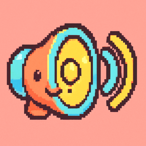 A small and cute pixel art icon representing sound on, designed for a 2D game UI. The icon shows a colorful, rounded speaker with smiling face and small animated sound waves coming out in bright pastel colors like yellow and light blue. The design is chibi and cartoonish, with soft outlines and playful details. It fits the style of a fun, colorful retro arcade game..
In-Game asset.  2d.  High contrast.  No shadows. pixel art. cute. ui icon. colorful. retro style. chibi. cartoonish