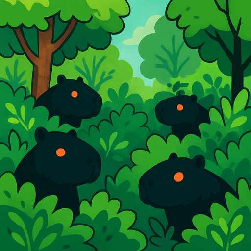 Crea un bosque verde alegre. Pero escondidos en las ojas de los arbustos aparecen capybaras de color negros con ojos rojos..
In-Game asset.  2d.  High contrast.  No shadows