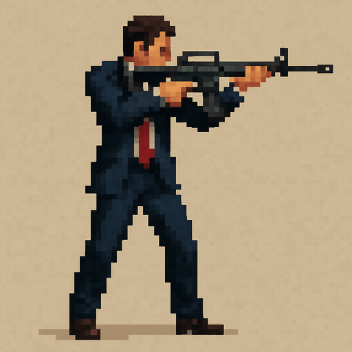 un hombre de traje hecho con pixeles de cuerpo completo apuntando con un  rifle de asalto m4