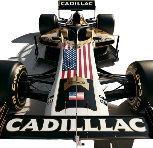 Photorealistic Cadillac F1 race car, top view.
Replace Cadillac text to golden coloured ,,Cadillaic" text on black rear wing.
Big American flag on white body. 
White ,,Andretti" and gm text on black front wing.