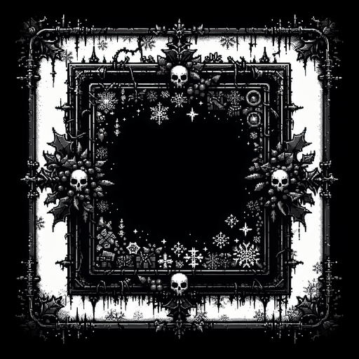 a simple dirty, dark and eerie Christmas frame.
Single Game Texture. In-Game asset. 2d. Blank background. High contrast. No shadows.