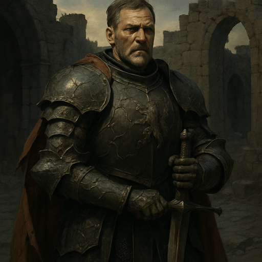 A weathered and noble medieval knight clad in dark iron armor engraved with thorns and lion insignias. Male, 52 years old, tall and broad-shouldered, with greying brown hair cut short, deep-set hazel eyes, and a strong jawline covered in stubble. A long, tattered crimson cape flows behind him. His armor is dented from countless battles. He stands in a ruined stone courtyard at dusk, gripping a massive longsword planted in the ground. Realistic, highly detailed, cinematic lighting. realistic.
In-Game asset.  2d.  High contrast.  No shadows