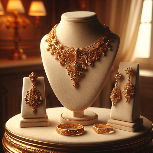 a set of classical gold jewelry on a small display bust