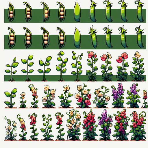 A spritesheet showing a pea plant in various stages of germantion, from pea over sapling and to full grown plant with colorful flowers, and then with ripe pea pods. The sprites should be laid out in a rectangular grid with blank space between them..
Single Game Texture. In-Game asset. 2d. Blank background. High contrast. No shadows.