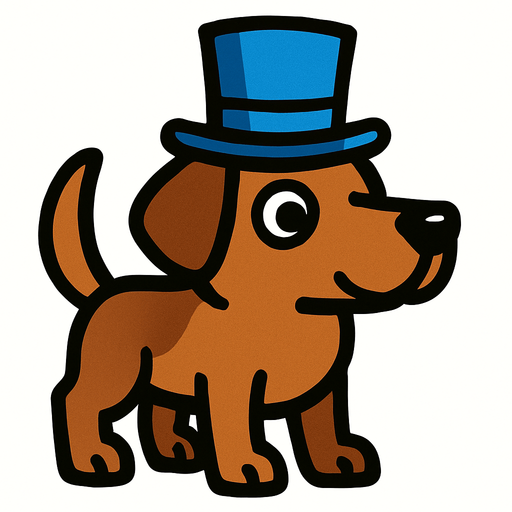 Brown dog with a blue top hat. 🎩.
In-Game asset.  High contrast.  No shadows. 2d.