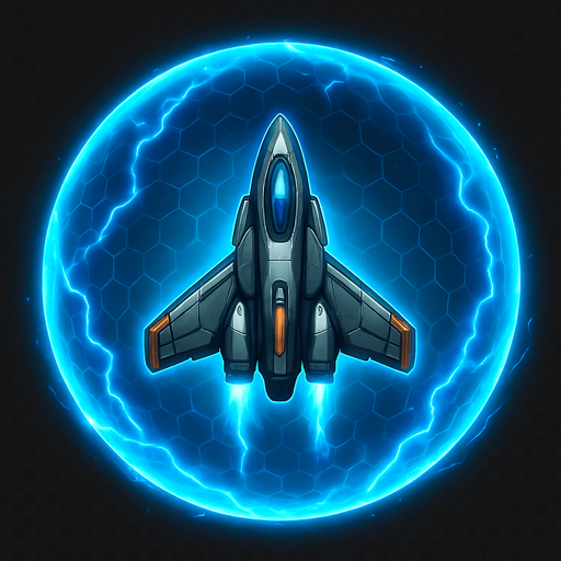 A 2D sci-fi energy shield around a space fighter ship, glowing with electric blue and cyan hues, forming a semi-transparent spherical barrier with pulsing light, subtle hexagonal patterns, and animated energy ripples. The shield should look powerful and futuristic, slightly reflective, and designed for a top-down space shooter game. Transparent background, digital art, perfect for sprite-based visual effects..
In-Game asset.  2d.  High contrast.  No shadows