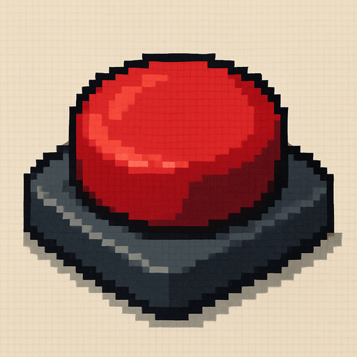 Botón presionado rojo 2D, pixel cartoon.