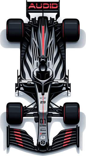 F1 race car. Top view. Grey body with THICK diagonal black stripes. Shiny-red wings with white AUDID text.
Single Game Texture. In-Game asset. 2d. Blank background. High contrast. No shadows.