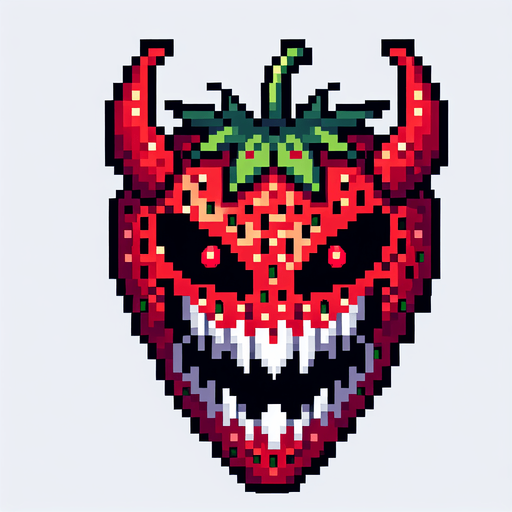 a demonic strawberry, pixel style.
Single Game Texture.  In-Game asset.  2d.  Blank background.  High contrast.  No shadows