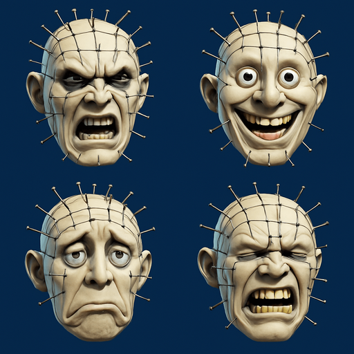 3D Scary but funny face meme "pinhead" from the movie. different faces look. only face
In-Game asset.  High contrast. 3D. No shadows. only face