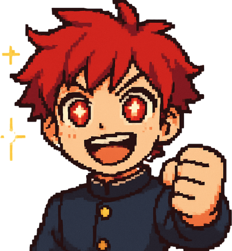 A kawaii anime boy with intense red eyes, each containing shining stars. He raises his fist forward with determination, wearing a wide, open smile full of enthusiasm. Sparkles and glimmers float around him, symbolizing hope. The entire scene is rendered in Pixel Art style.