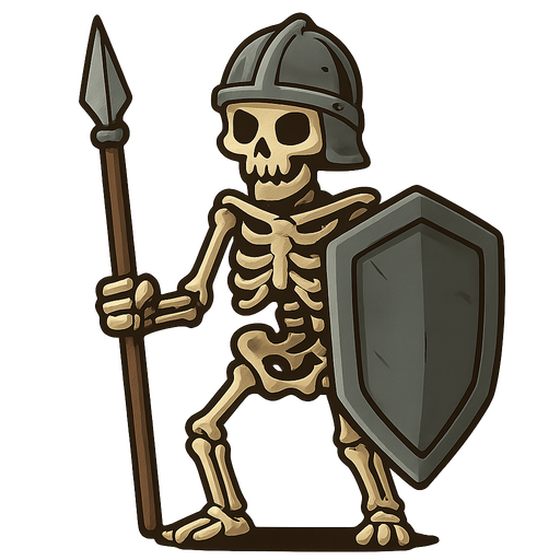 Skeleton with an Iron helmet, Iron spear and a big iron shield.
In-Game asset.  2d.  High contrast.  No shadows