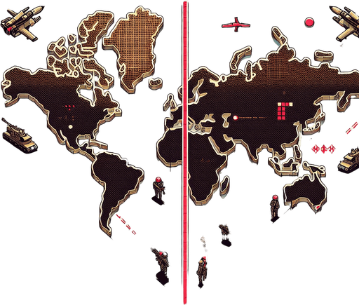A map of a fictional world, divided in the middle by a red dashed line, which is a country border. On each side of the border, a modern army is marched up and pointing weapons at the other side. Style should be detailed illustration..
Single Game Texture. In-Game asset. 2d. Blank background. High contrast.