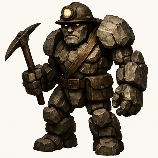 un golem de piedra que parezca un minero y que se vea ultra realista.
In-Game asset.  2d.  High contrast.  No shadows