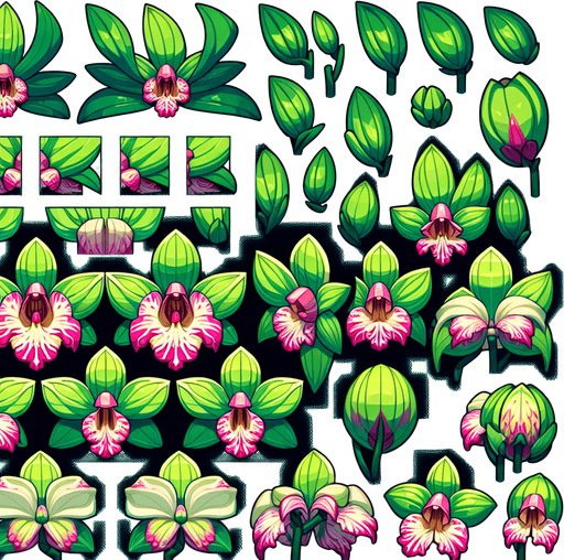 A sprite sheet of different green orchids with pink streaks seen from above. Cartoon. All similar size. Just the blossom. Bold colors and shading. 
Single Game Texture. In-Game asset. 2d. Blank background. High contrast. No shadows.