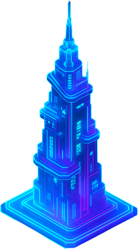 Top down isometric neon cyberpunk anime tower spire 3d hologram glowing  3d hologram hd large