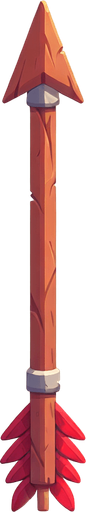 a wooden arrow with red feathers and a metal arrow head. Completely vertical orientation. Cartoon.
Single Game Texture.  In-Game asset.  2d.  Blank background.  High contrast.  No shadows