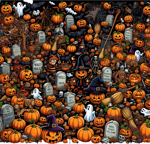 Generate a high quality cartoon background Halloween image on a black canvas similar to the format of where is waldo.
Single Game Texture. In-Game asset. 2d. Blank background. High contrast. No shadows.