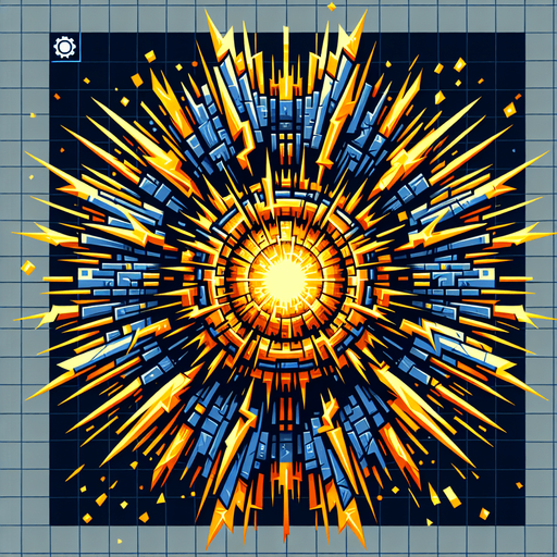 A more intense version of Power Surge. A fractured or exploding core shape at the center, emitting powerful, jagged energy waves (possibly in yellow or orange on top of blue). Could incorporate classic explosion symbol elements but rendered in the cybernetic style. Should look significantly more powerful than Power Surge..
Single Game Texture.  In-Game asset.  2d.  Blank background.  High contrast.  No shadows