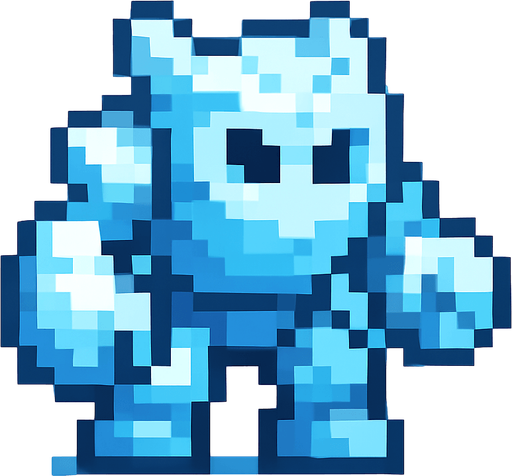 minik  buz golemi pixel art.
In-Game asset.  2d.  High contrast.  No shadows