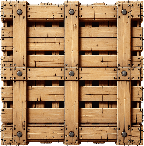 straigth zenith view square wooden pallet with big screws in each corner
Single Game Texture. In-Game asset. 2d. Blank background. High contrast. No shadows.