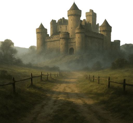 Krallık oyunu başladıktan sonra kullanılacak, arka planda bir kale olan ama çok karanlık veya kasvetli görünmeyen, hafif sisli ve tarihi atmosferli bir sahne. Gökyüzü açık ya da hafif bulutlu, renkler doğal ve dengeli olmalı.”