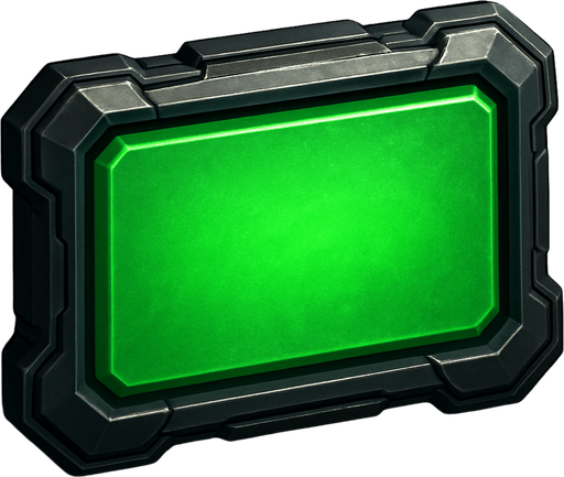 Create si-fi realistic Green Rectangle BUTTON with 3D views. In-Game asset. 2d. High contrast. With shadows.