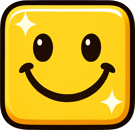 Can you draw a smiling face with rounded edges, square frame, yellow and shiny effect?.
In-Game asset.  2d.  High contrast.  No shadows