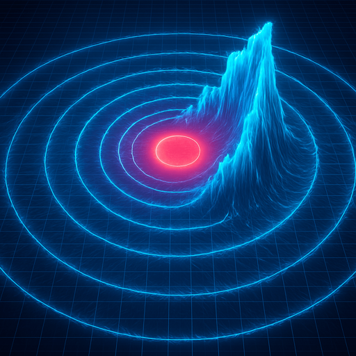 Growing expanding outward Overhead digital simulation hologram of oceanic meteor impact tsunami wave shockwave radius circle outward crashing neon cyberpunk 3d diagram