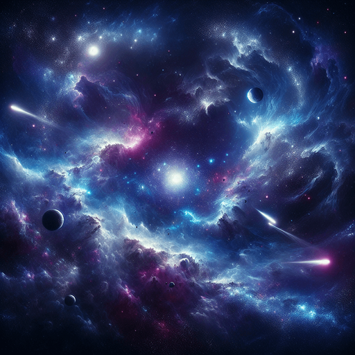 A looping animated GIF of a cosmic scene in deep space, showcasing a vibrant blue and purple galaxy with stars, planets, and comets. The background has swirling nebulae with bright, glowing areas, giving a mystical and expansive feel. Comets move across the scene, leaving trails as they pass, adding a dynamic element to the vast, star-studded universe. The GIF format captures the continuous, endless motion of the comets and stars, evoking a sense of wonder and infinity..
Single Game Texture. In-Game asset. 2d. Blank background. High contrast. No shadows.