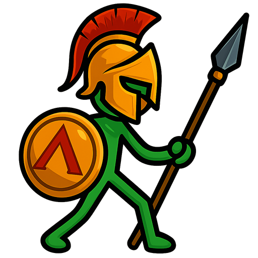 Green stickman with a Spartan helmet, Spartan shield and Spartan spear.
In-Game asset.  2d.  High contrast.  No shadows