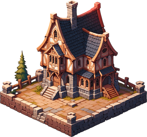 a house in a warcraft 2 style Single Game Texture. In-Game asset. 2d. Blank background. High contrast. No shadows.