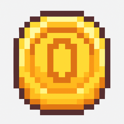 A pixelated coin.
In-Game asset.  2d.  High contrast.  No shadows