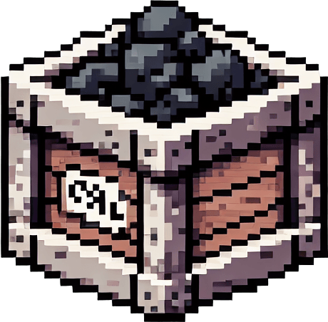 pixel art of a crate made of stone with a label of coal on the side, flat side view. Single Game Texture. In-Game asset. 2d. Blank background. High contrast. No shadows.