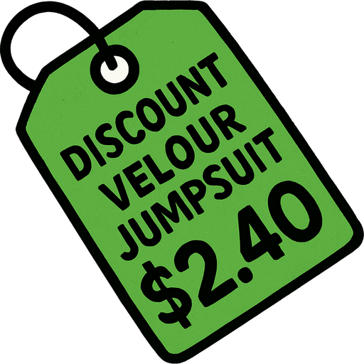 green price tag that says discount velour jumpsuit $2.40.
In-Game asset.  2d.  High contrast.  No shadows