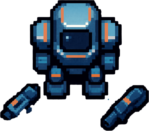 Пиксельный робот видо с верху космический без рук отдельно части тела и две от дельные пушки пиксели и космос.
In-Game asset.  2d.  High contrast.  No shadows