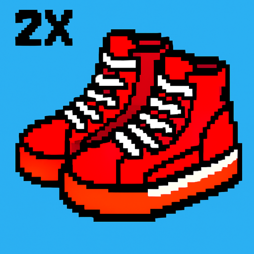 red shoes with a  2x.
In-Game asset.  2d.  High contrast.  No shadows