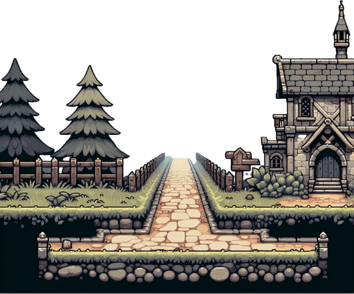 the foregund of a horizontally scrolling game, where the player walks sideways along a path. the color should be muted, fantasy medieval style. the game is a platformer or endless runner game, so everything should be seen from the side..
Single Game Texture. In-Game asset. 2d. Blank background. High contrast. No shadows.