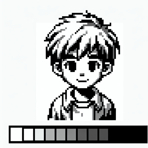 Make an 8 bit black and white grayscale boy.
Single Game Texture.  In-Game asset.  2d.  Blank background.  High contrast.  No shadows