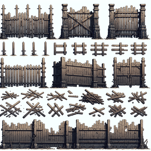 A spritesheet of tall wooden barricades and pallisades from medieval times, including some frames where these have been destroyed and broken into smaller parts..
Single Game Texture. In-Game asset. 2d. Blank background. High contrast. No shadows.