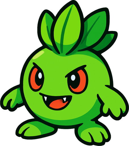 Um monstrinho do tipo grama inspirado em Pokémon e Digimon e planta vs zombie.
In-Game asset.  2d.  High contrast.  No shadows