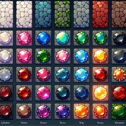 A spritesheet with different mystical floor tiles from a magical realm, each inlaid with bright gemstones of different colors. The tiles should be in the same basic style, with either a granite or other rock basis beneath the gemstones. The spriteshett should be laid out in a rectangular grid with empty space between each tile. The following colors of gemstones must be present: white, pink, green, red, blue, yellow, purple, brown, gray and orange.
Single Game Texture. In-Game asset. 2d. Blank background. High contrast. No shadows.