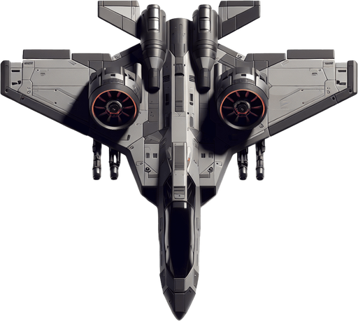 Top down view of Small personal space fighter with large gun at the front.
Single Game Texture. In-Game asset. 2d. Blank background. High contrast. No shadows.