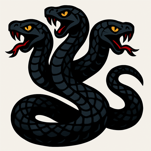 3 başı olan koyu renkli pullu bir yılan.
In-Game asset.  2d.  High contrast.  No shadows