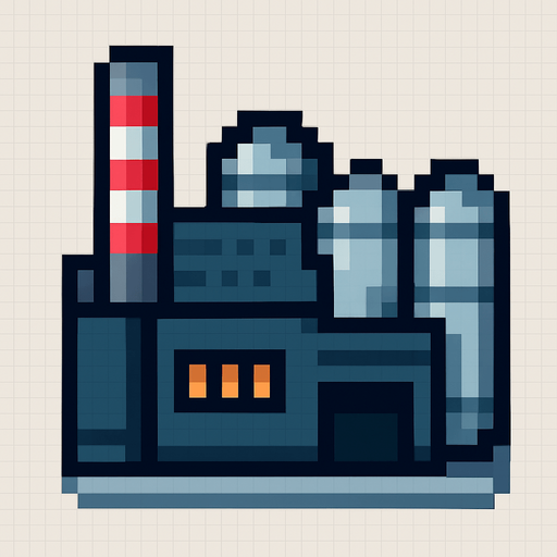 Industrial building 2d pixilated topdown.
In-Game asset.  2d.  High contrast.  No shadows