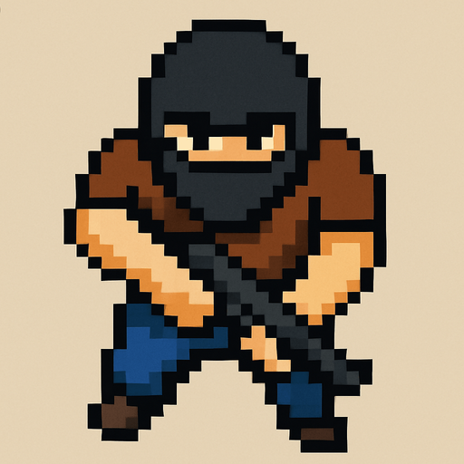 Draw a Man He Have Baclava mask wearin brown shirt and blue pants He Using Gun with 2 hands 
 in 2D Pixel Art Style and Do It from an Above Perspective.In-Game asset.  2d.  High contrast.  No shadows
